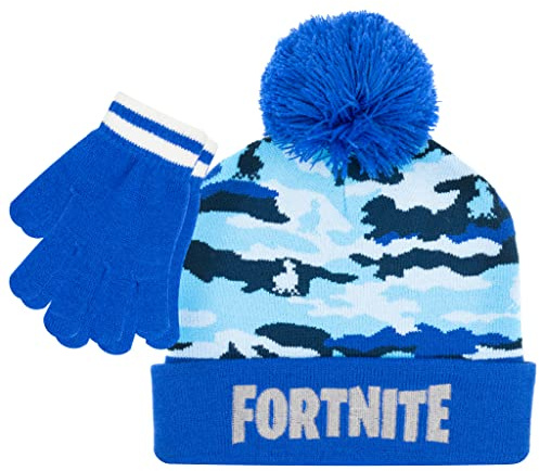 FORTNITE Jungen Winter Beanie Mütze und Schneehandschuhe für Jungen 2-teiliges Set, blau camouflage, 5-13 Years