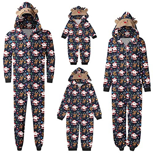 Weihnachten Pyjama Familien Damen Herren Kinder Jumpsuit Kuschelig Hoodie mit Reißverschluss Kapuze Weihnachts Schlafanzug Set Einteiler Nachtwäsche Overall Hausanzug für die ganze Familie