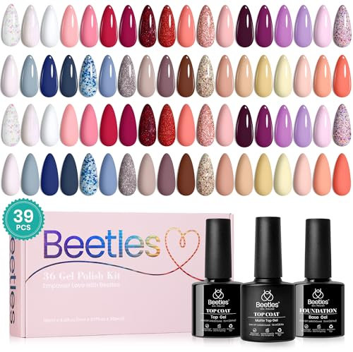 Beetles UV Nagellack Set, 39 Stück Lingering Kollektion Gel Polish 36 Farben Rosa Rot Lila Mädchenhaft Elegant Funkelnd Glitzernd mit 3 Stück Basis-Matt-Decklack Set