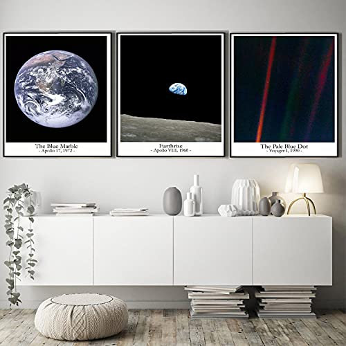 GOZKA The Pale Blue Dot Earthrise Painting Blue Marble Photos Earth Poster Space Print Inspiring Space Wall Art Living Room - 20x28in(50x70cm) X3 Rahmenlos