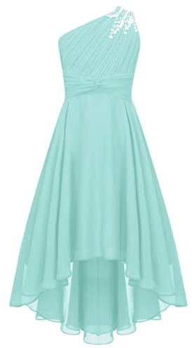TiaoBug Enfant Fille Robe Princesse Soirée à Perles Une Épaule Plissé Robe Demoiselle d'honneur Mariage Cérémonie Robes de Bal Carnaval Fête 6-16 Ans Menthe Verte 5-6 Ans