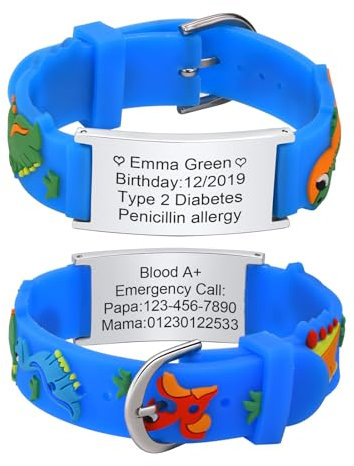 XUANPAI Bracelet Identification SOS Personnalisable, Urgence Bracelet Medical Bracelet pour Enfants, Cartoon Style Silicone Imperméable Bracelet Réglable pour Garçons Filles Adolescents