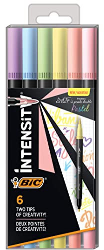 Bic Intensity 2 in 1 penne a doppia punta, punta fine (0,7 mm) e pennello flessibile (3,7 mm), colori pastello assortiti, confezione da 6