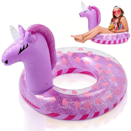 WenYa Anillos flotadores inflables de unicornio de 28 pulgadas para niños, anillos inflables de unicornio con purpurina para niños, piscina y deportes acuáticos (morado)