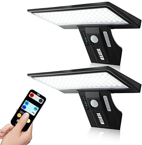 JESLED Lampe Solaire Exterieur, 90 LED Lumiere Solaire Exterieur avec Détecteur de Mouvement, 2600mAh 4 Modes Projecteur Solaire, 3000K-6000K Lampe Solaire avec Télécommande pour Jardin, 2 Paquet