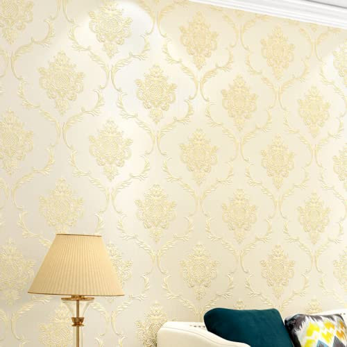 SAIMEYI Vliestapete 0,53 M X 10 M = 5,3 M²/Rolle. Gelb Blau Weiß Florales Gravurmuster Wallpaper Für Küchen, Bädern, Cafés, Bekleidungsgeschäften，Hotel，Bar. 3D-Tapete (Gelb-811)