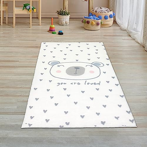 Teppich-Traum Kinderzimmer-Teppich klein Läufer flauschig Herzchen und EIN niedlicher Bär - in Creme 80x150 cm