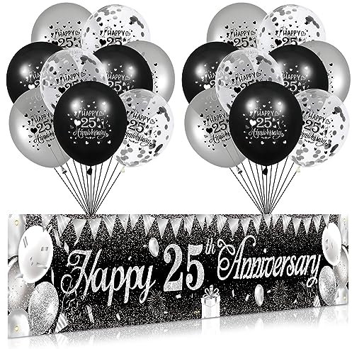 Silver 25th Anniversary Banner and Balloons for Wedding Party Decorations