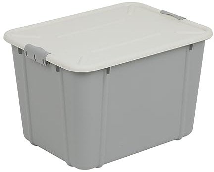 BranQ Home essential, 30 Litre Heavy Duty Large Storage Box with Clip Locked Lid, BPA Free Plastic Stackable Storage Box, Ideal For Garage and Home Storage, 44.7 x 34 x 29.3 cm (LxWxH) - Light Grey