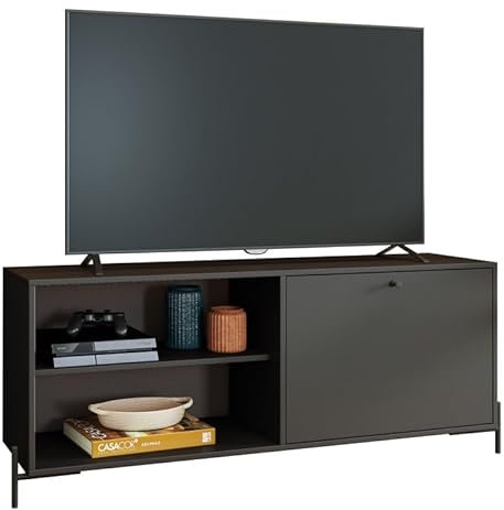 Meuble TV Bar 60 Pouces Noir 1 Porte 4 Niches Pieds Métal Ronds