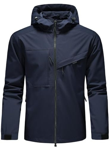 KUDORO Veste Homme Coupe-Vent à Capuche Blouson Homme Léger Casual Imperméable Trench-coat Poches Multiples(Bleu Foncé,XL)