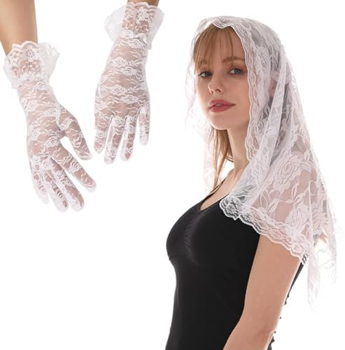 SamHeng Voile Mantille & Gants Courts, Élégant Fleurs Roses Dentelle Femmes Voile d'église Voile de Masse Voile de Chapelle Couvre Tete avec Gants Floraux pour Mariage Fête Costume (Blanc)