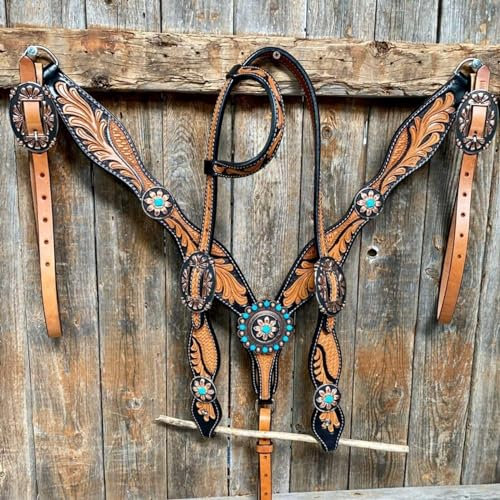 EQUIGEAR Western-Leder-Set mit handgefertigtem Kopfstück und Vorderzeug mit Zügeln. /Size-Full,Cob,Pony AV-040 (Cob)