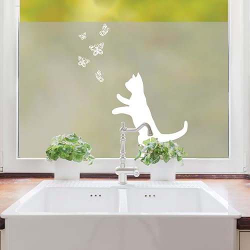 Sichtschutzfolie Katze mit Schmetterlingen Fensterfolie Fensterdeko Milchglasfolie, 55 cm hoch, 100 cm breit