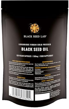 Black Seed Oil - 120 Vegetarian 500mg Softgel Capsules - Luxurious Egyptian Cold Pressed Nigella Sativa Plant Producing Black Cumin Seed Oil - Non-GMO - Made by BLACK SEED LAB in UK - Pouch