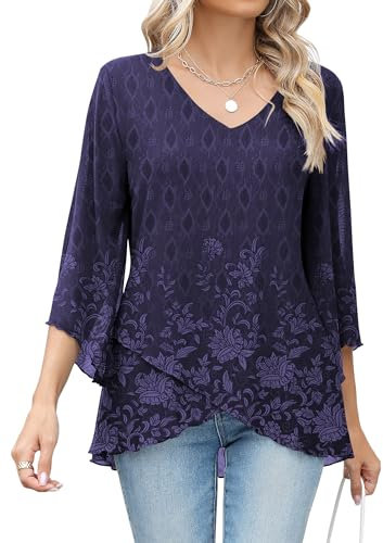 iWoo Bluse Damen Chiffon Tunika Sommer 3/4 Ärmel Langshirt Elegant Sommerbluse Tuniken Für Damen Schöne Oberteile Longtunika Doppellagige Blusentops Blumiges Lila M