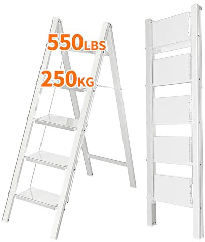 JOISCOPE 5-Stufen-Aluminium-Leiter,Leichte klappbare Tritthocker für Erwachsene mit breitem Anti-Rutsch-Pedal,250KG Kapazität tragbare stabile Leiter,platzsparend,Weiß