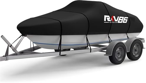 RKV86 Funda para Barco con Remolque de 6,1 a 6,7 m, Lona Impermeable de poliéster 600D Resistente, de Grado Marino, con Bolsa, Apta para Casco en V, trimarán, lancha de Pesca y Proa Abierta, Negro
