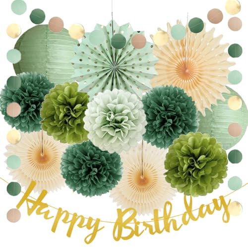 Olive Green Birthday Decorations Paper Lanterns Sage Green Birthday Party Decorations Cream Paper Fans Olive Sage Green Tissue Paper Pom Poms Kit with Happy Birthday Banner Gold for Girls Women