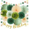Geburtstagsdeko Olivgrün Party Geburtstag Deko Salbeigrün Olive Geburtstagsdeko Frau Salbei Beige Pompons Deko Kit mit Kreisgirlande Happy Birthday Banner Gold für Geburtstag Mädchen