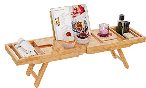 Badewannen-Caddy-Tablett, Badewannentablett mit Buch-, iPad-, Handy- und Weinhalter, verstellbares Organizer-Tablett für die Nutzung von Bad und Bett durch eine oder Zwei Personen