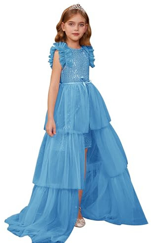 GRACE KARIN Girls Glitter Sequin Dress Flutter Sleeve Princess Dresses+Mesh Tiered Skirt Party Outfits Blue 11-12 Years