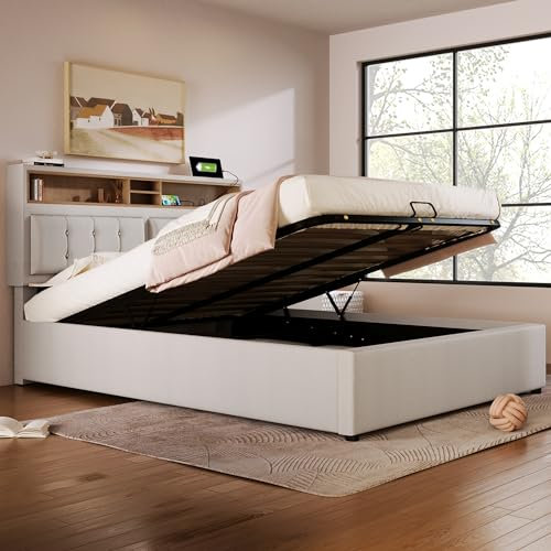 Polsterbett 160x200 cm, Gepolstertes Bett Kopfteil mit Staufach und USB-Ladefunktion, Doppelbett mit Stauraum und Lattenrost, Hydraulisch Stauraumbett Funktionsbetten Jugendbett, ohne Matratze, Beige