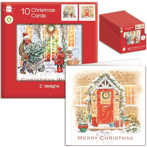 Tom Smith Giftmaker Weihnachtskarten, quadratisch, 2 festlich dekorierte Haustür-Designs, 14 cm, 10 Stück