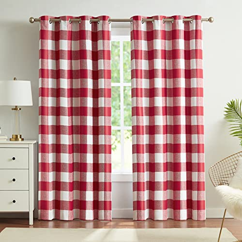 Melodieux Buffalo Karierte Verdunkelungsvorhänge, kariert, 137 cm lang, für Schlafzimmer, Wohnzimmer, wärmeisoliert, Raumverdunkelung, Ösen, rot, 127 x 137 cm, 2 Paneele