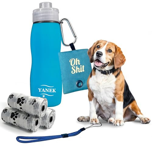 Botella Agua Perro, Kit Botella + Portarollos + 3 Bolsas Caca Perro, Botella Pipi Perros Silicona, Libre de BPA, Botella para Perros, Botella para Pipi, Botella Limpia Pipi (Azul, 400ml)