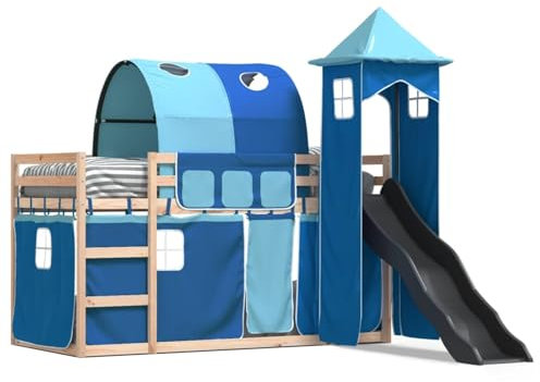 Sufrk Lit superposé avec toboggan et rideaux bleu 80 x 200 cm, lit, lit double, multifonctionnel, avec escaliers et armoires, garde-corps stable, adapté pour enfants, garçons et adolescents