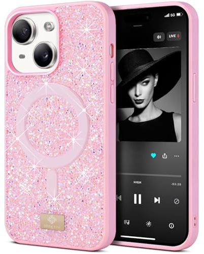 BEZ Coque pour iPhone 15 Paillette Glitter, Compatible avec MagSafe, Coque Series de Etuis avec Bling & Co., Étui Magnétique en Diamant Etincelant et à Cristal Bling, Flamant Rose