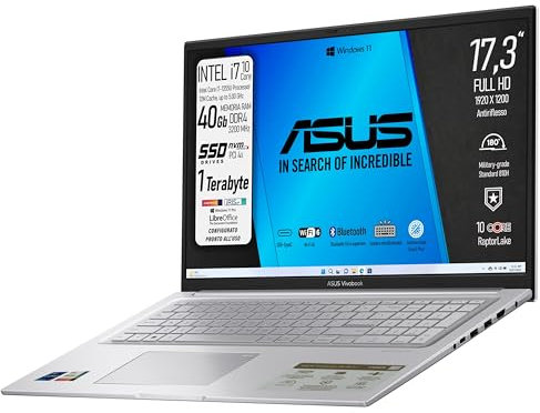 ASUS Notebok Vivobook Display 17,3 Ips FHD, Intel I7 1355u 10Core RaptorLake, Ram 40Gb, SSD Pci Nvme 1Terabyte, Win 11, wi-fi 6, webcam, Usb3.2, Hdmi, Bt5.3, Tastiera retroilluminata, Preconfigurato