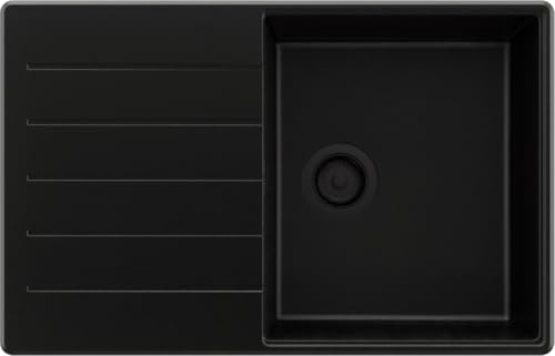 PRIMAGRAN Fregadero Cocina al Mueble 50cm + Kit de desagüe, 78x50cm | Set: Kit de desagüe (sifón, válvula, rebosadero) + Copenhague Top 1 Seno Granito, Todo Negro