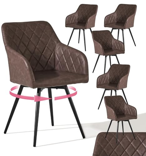 CLIPOP Esszimmerstühle Drehbar Set mit Armlehne, Kunstlelder Polsterstuhl Küchenstuhl Drehstuhl Armlehnenstuhl für Esszimmer Wohnzimmer Büro (Kunstleder Braun, 6er Set)