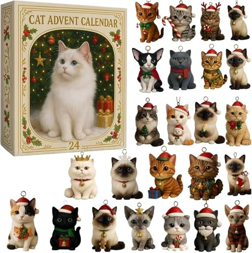 Katzen-Adventskalender 2025, 24 Tage Weihnachts-Countdown mit 2D-Acryl-Anhängern, niedlichen Kätzchen-Ornamenten, Cartoon-Kätzchen-Weihnachtsbaumschmuck, Countdown-Kalender für Katzenliebhaber
