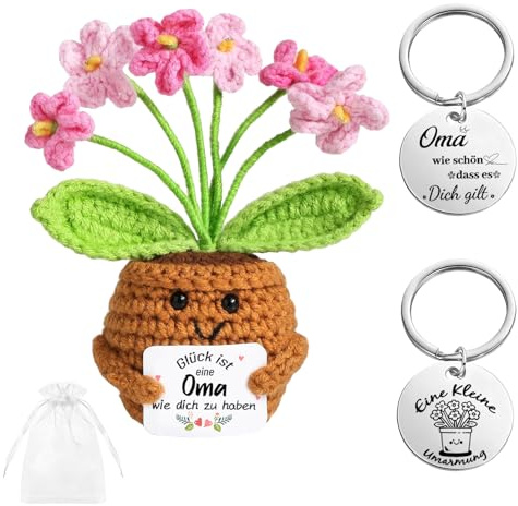 Meanju Gestrickte Oma Geschenk,Gehäkelte Blumen Positive Geburtstagsgeschen | Positive Pflanze Deko Geschenk mit Karte Organzasäckchen Schlüsselanhänger für Frauen Geburtstag Muttertag Weihnachten