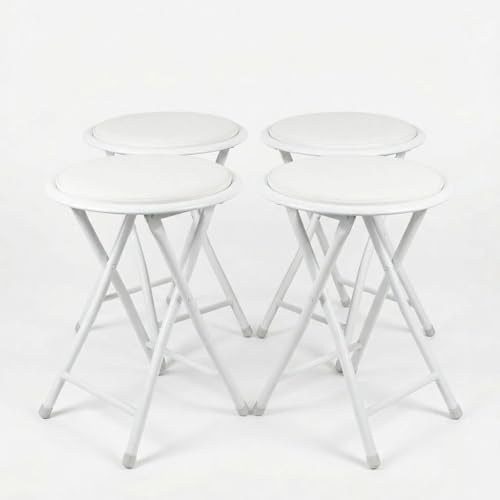 SuperGift.com Round Compact Padded Folding Stool Chair For Breakfast, Office Stool, Folding Kitchen Stool, Desk Stool, Foldable Bar Stools (White 4 Pack)