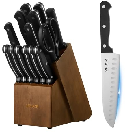 VEVOR Set Couteaux Cuisine avec Bloc et Aiguiseur 15PCs, Bloc de Couteaux Allemands en Inox à Haute Teneur en Carbone, Coutellerie Haute Dureté avec Manche Ergonomique en ABS, pour Cuisinier
