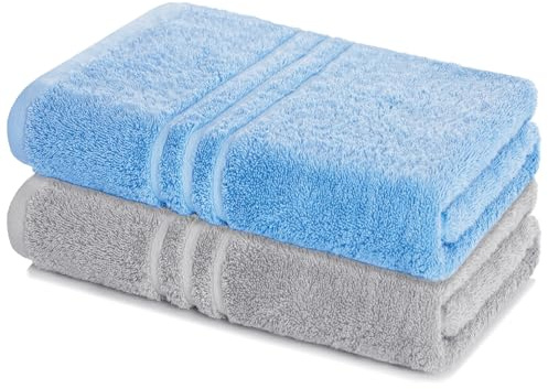Lavea® 2er Set Saunatuch 80×200 cm - Delphinblau & Silber | 100% Baumwolle – Großes Saunatuch für Damen & Herren, saugstarkes Frottiertuch, weich, waschbar, Frottierserie Elena