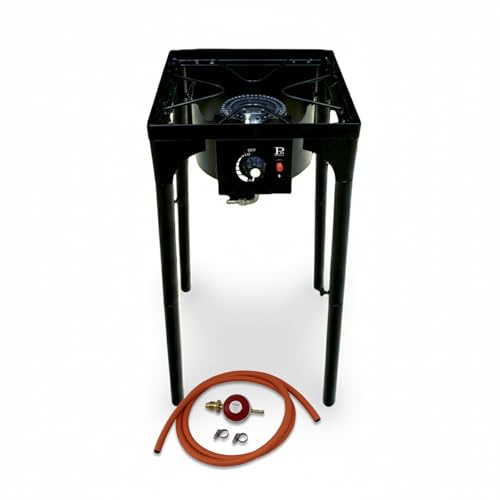 INTERGAS Single Burner Gas Stove – 145mm High-Power Burner 4.5KW – Adjustable Legs with Piezo Ignition, Wind Protection, Hose & Regulator Included – Durable Iron Frame for Indoor & Outdoor Cooking