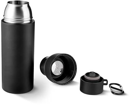 TROIKA Thermoflasche Einhandverschluss INFUSE+ Doppelwand-Isolierung mit Vakuum und 550 ml Fassungsvermögen sowie Doppelkarabiner – 201 Edelstahl, 304 Edelstahl, lebensmittelecht, Kunststoff schwarz