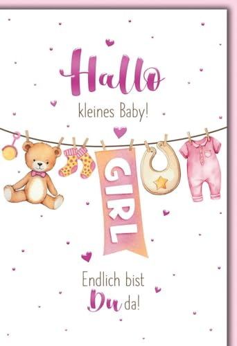 Geburtskarte für Eltern - Mädchen - Teddy und Wäscheleine mit rosa Akzenten und Herzmotiven - Klappkarte mit Umschlag Glückwunschkarte Geburt