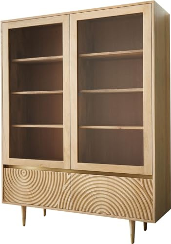 DELIFE Vitrinenschrank Budaya Mango Natur 115x150 cm 4 Türen Fuß vierkant