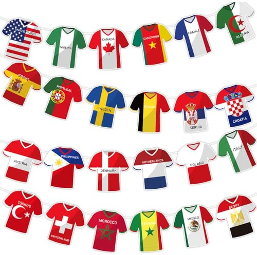 Fussball WM 2026 Deko, 48 Länder Wimpelkette, Fußballtrikot-Flagge Design, Flaggen Girlande, Weltmeisterschaft Dekoration für Garten Bar Club Wohnzimmer Public Viewing Fanparty