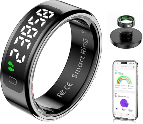 Smart Ring with Display Sleep Tracker Blood Oxygen Monitor Tasbih Finger Counter Gesture Control Step Counter Heart Rate Monitor Waterproof Activity Tracker for Sports Time, Distance, Calories Size#8