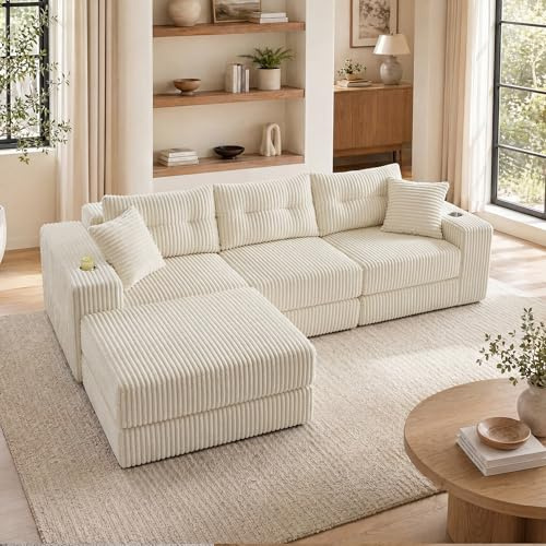 GRAVFORCE Modulares Schlafsofa 204cm L-Form Ecksofa mit Schlaffunktion Boneless Wolkensofa mit tiefer Sitztiefe, Becherhalter, klappbar & umwandelbar, für Wohnzimmer, Kord (Beige, 3 Sitzer)