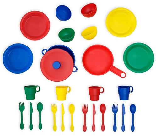 KidKraft 27-Piece Primary Colored Cookware Set, Plastic Dishes and Utensils for Play Kitchens, Gift for Ages 18 mo+