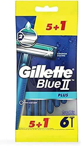 Gillette BlueII Plus Disposable Razors for Men, Two Razor Blades, Fixed Head, Lubricating Band - Pack of 5+1