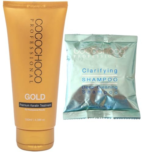 COCOCHOCO Professional Gold Keratin Starter Kit - Gold Keratin Hair Treatment (100 ml) und Clarifying Shampoo (50 ml) - Formaldehyd Frei - Komplex Keratin Kur für Haarglättung - Für alle Haartypen